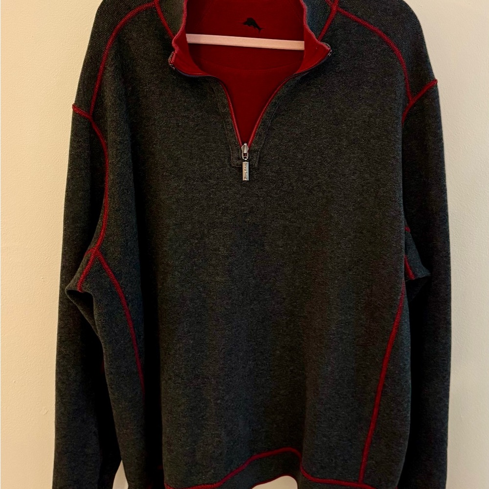 Tommy Bahamas Reversible Men's Gray and Red Quarter-Zip Sweater